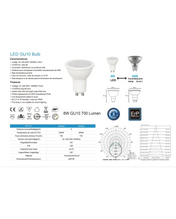 BOMBILLA LED * GU10 8W 100º 3000K